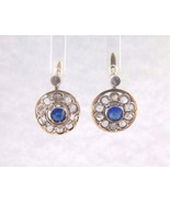 14k Two Tone Gold Antique Old Minors Diamond Earrings With Sapphire Stones  - £671.63 GBP