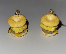 Egg Sausage Cheese Bagel Sandwich Earrings Gold Tone Wire   - £6.79 GBP