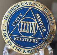 37 Year AA Medallion Blue Gold Plated Alcoholics Anonymous Sobriety Chip Coin  - £14.46 GBP