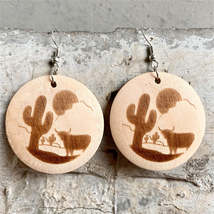 Wood &amp; Silver-Plated Sunset Cactus Cattle Round Drop Earrings - £10.94 GBP