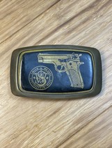 Vintage Smith &amp; Wesson Black Gold Tone Enamel Belt Buckle Guns Cowboy KG JD - £31.28 GBP