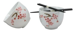 Ceramic Japanese Sakura Pink Cherry Blossoms Ramen Noodle Bowls Chopsticks Set 2 - £21.57 GBP