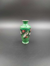 Vintage Peacock Floral Green Enamel over Brass Vase Chinese 5&quot; - £12.18 GBP