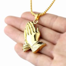 Gold Serenity Praying Hands Pendant Necklace Men&#39;s Jewelry Chain 24&quot; Gift - £9.40 GBP