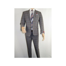 Mens Suit RENOIR English Plaid Window Pane Stretch Slim Comfort 293-7 Gray Brown image 12
