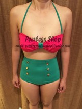 Pink And Aqua Sexy Highwaisted Vintage Bikini Swimsuit Summer - USA SELLER - $35.00