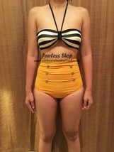 Black And White Stripe, Yellow Highwaisted Vintage Bikini Swimsuit Summer - $38.00