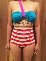 Asymmetric Pink Blue Retro Highwaisted Vintage Bikini Swimsuit Summer-US... - $38.00