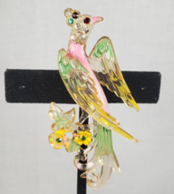 Vintage Celluloid Carved Bird of Paridise and Rhinestone Brooch Pin - $334.03 MXN