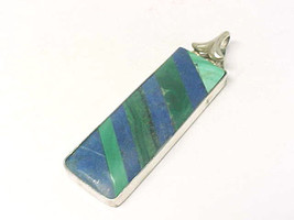 BLUE LAPIS and GREEN MALACHITE Vintage Pendant in Sterling Silver - 2 1/... - £52.27 GBP