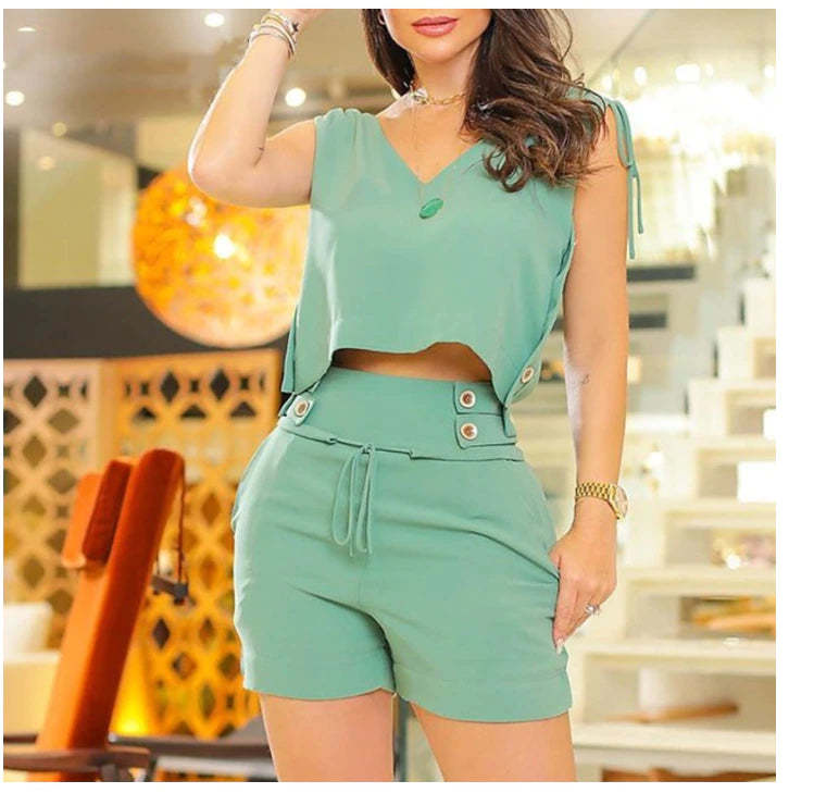 V Neck Sleeveless Cropped Top &amp; Shorts Sets - $40.95