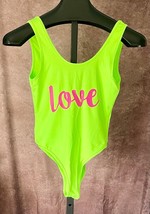 Women&#39;s Vivid Neon Bodysuit Leotard Unitard w/ Hot Pink LOVE Graphic Siz... - $4.64
