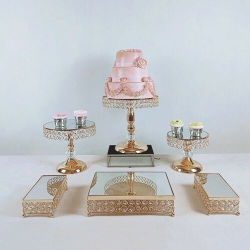 6pc Gold Mirrored Metal Cake Wedding Decoration Birthday Dessert Crystal Cupcake - $186.12
