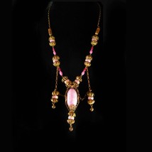 Vintage Deco Necklace CZECH PINK chandelier drop Venetian beads brass filigree - £298.67 GBP