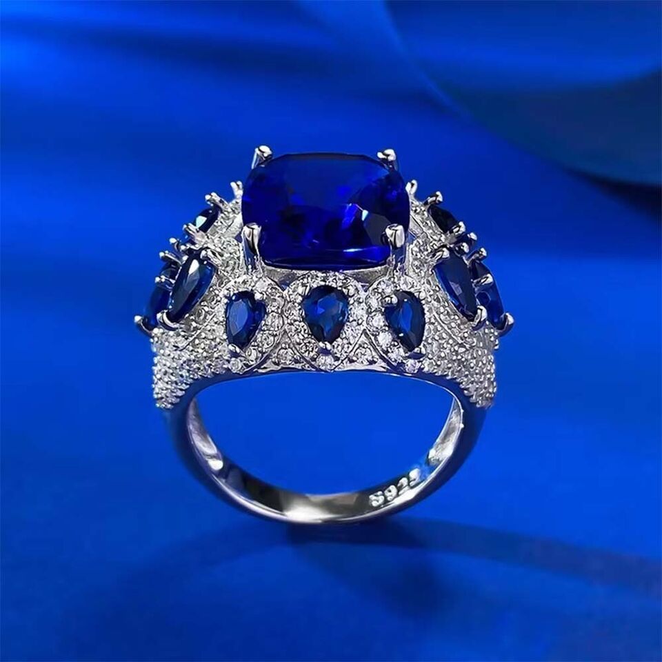 Cushion Created Sapphire & Diamond 14K White Gold Plated Ladies Engagement Ring Item image 4