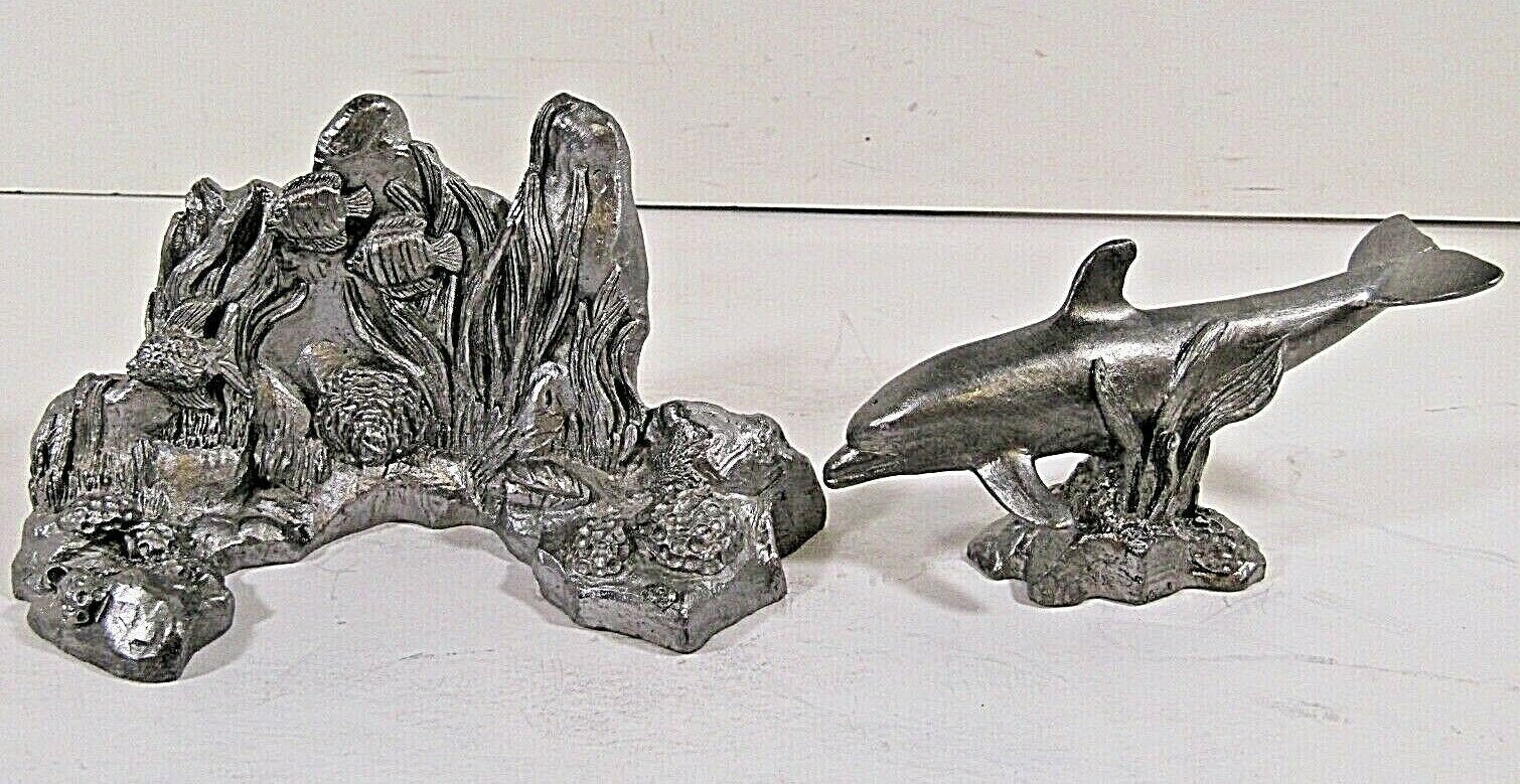 Primary image for 2 Michael A. Ricker Pewter Figurine Rare Dolphin & Coral Reef Heavy #698 Signed