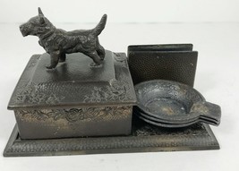 Vintage Scottie Dog Smoking Set Cigarette Box Hammered Metal Copper Japan - £39.56 GBP