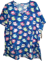 Women&#39;s New Scrubfinity Flying Owls Blue Scrub Top Shirt 2X  Stretch Plus Size  - £19.71 GBP
