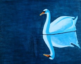 Painting Swan Original Signed Art White Bird Still Water Lake By Carla D... - $39.82