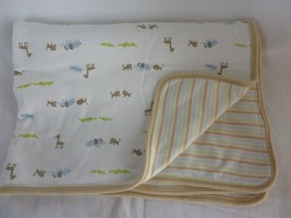 Carter&#39;s Baby Blanket Tan White Green Blue Stripes Animals Giraffe Monkey Rhino - £14.14 GBP