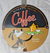 VINTAGE MICKEY&#39;S COFFEE DISNEY PORCELAIN SIGN PUMP PLATE GAS STATION OIL... - £89.55 GBP
