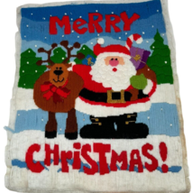 Vintage Completed MERRY CHRISTMAS Long Stitch Embroidery Santa Reindeer 15 x 12 - £27.75 GBP