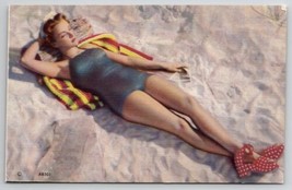 Beach Babe Bathing Beauty On Sand Linen Postcard M28 - £5.19 GBP