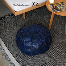 Set Of 2 Handmade &amp; Hand-Stitched Moroccan Pouf, Genuine Leather, Dark Blue  - £107.90 GBP