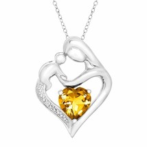 Created Citrine Mother &amp; Child Heart Pendant w Diamond Sterling Silver 18&quot; - £44.12 GBP