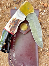 Damascus Steel Pocket Knife Folding Blade knives Deer Stag &amp; bull horn h... - $49.45