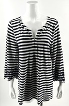 Talbots Tunic Top Sz L Navy Blue White Striped Cotton Embroidered Bell Sleeve - £23.19 GBP