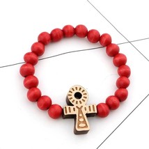 Red Egyptian Ankh Cross Bracelet Round Wooden Bead Beaded Bangle Jewelry 7.5&quot; - £13.41 GBP