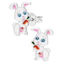 Bunny Holding Carrot 925 Silver Stud Earrings with Aqua Crystals - £11.23 GBP