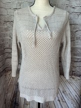 Eddie Bauer Loose Knit Tie Front Beige 3/4 Sleeve Linen Cotton Sweater L - $291.49 MXN