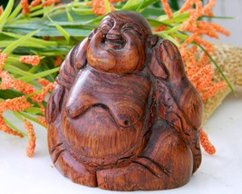 Vintage Wood Laughing Buddha Figurine Carved Statue Sculpture - £15.94 GBP