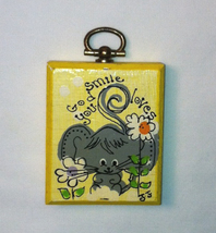 Vintage hand painted miniature wood plaque Smile God Loves You yellow w/ mouse - £2.36 GBP