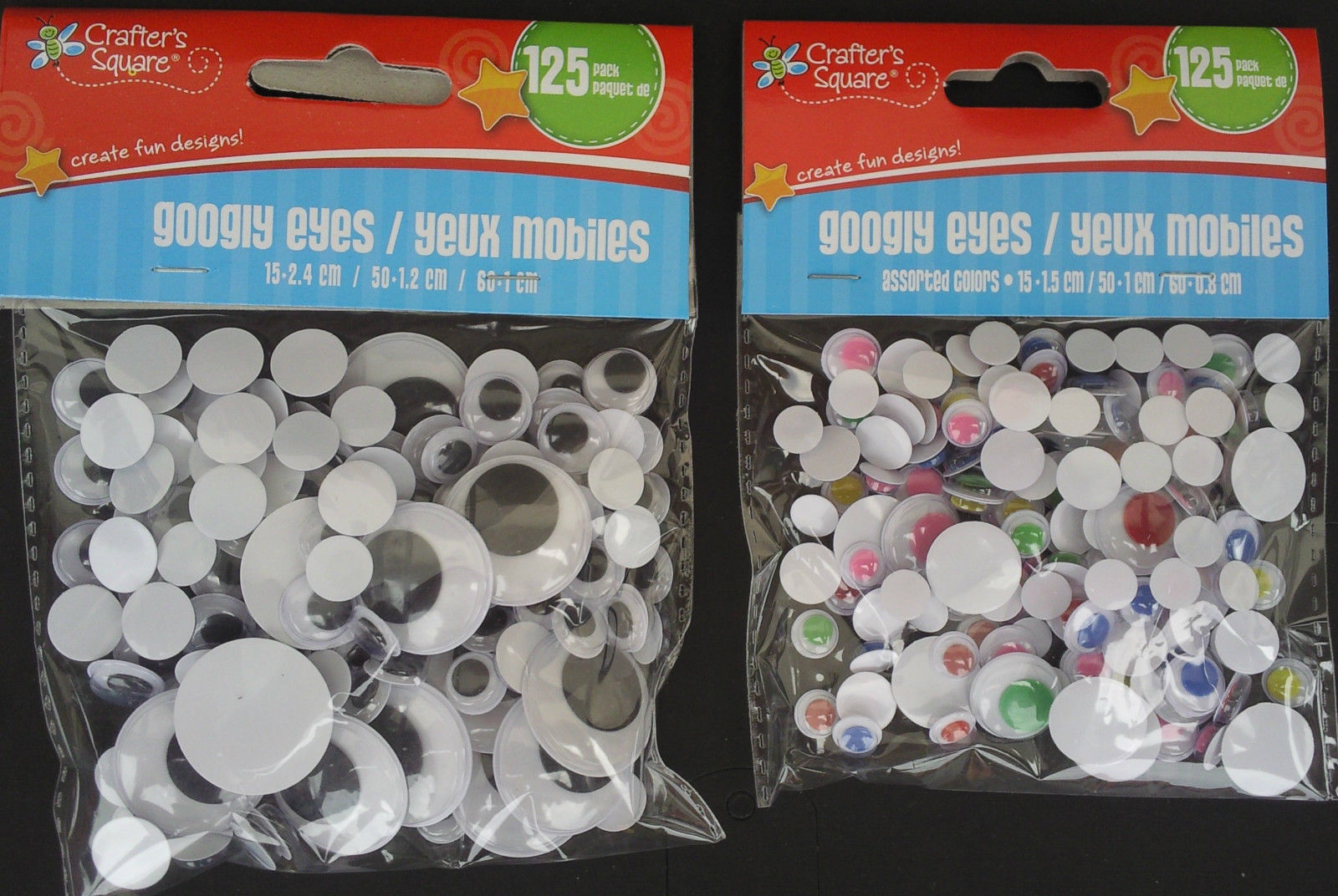 GOOGLY EYES FOR CRAFTS Black or MultiColor w White Backs Various Sizes 1... - $2.89