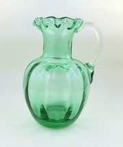 Vintage Green Hand Blown Glass Small Pitcher Ruffle Top - £14.93 GBP