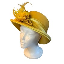 Ladies Gold Wool Hat with Feather and Velvet Accents Deborah Fashions Sz 23 Vtg - £27.08 GBP