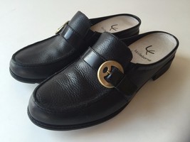 Liz Claiborne Bates 8.5 ladies black leather slides low heel buckle top ... - $32.16