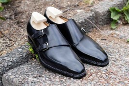 Handmade double monk strap black original leather men dress leather shoes - $169.99+