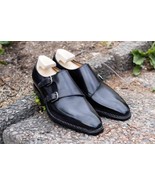 Handmade double monk strap black original leather men dress leather shoes - £133.76 GBP+