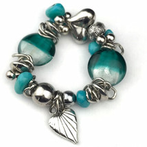Chunky Bracelet Glass Beads Turquoise Stones Metal Heart Charm Vintage - £11.38 GBP