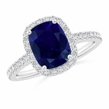 Authenticity Guarantee 
Cushion-Cut Blue Sapphire Ring with Diamonds in 14K W... - £2,501.99 GBP