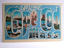 Greetings From Cape Cod Massachusetts Large Big Letter Linen Postcard Lighthouse - £5.44 GBP