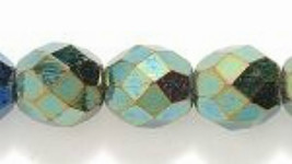 8mm Czech Fire Polish, Metallic Green Iris Glass Beads 25 round facet - $1.75