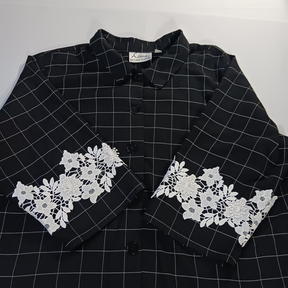Linea Louis Dell'Olio Women's 26W Black Check Embroidery 3/4 Sleeve Blouse Shirt Item image 3