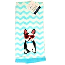 French Bulldog Hand Towel Embroidered White Blue Chevron Dog Bath Kitche... - $15.97