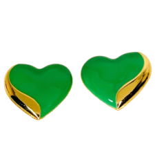 Pierced Earrings Gold Tone Green Enamel Hearts Posts Signed 80s Style .75&quot; Retro - £11.19 GBP