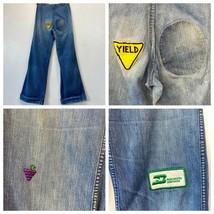 Vintage Bell Bottoms Jeans 32x33 Yield Burlington RR Patches 1970s Scovi... - $74.95